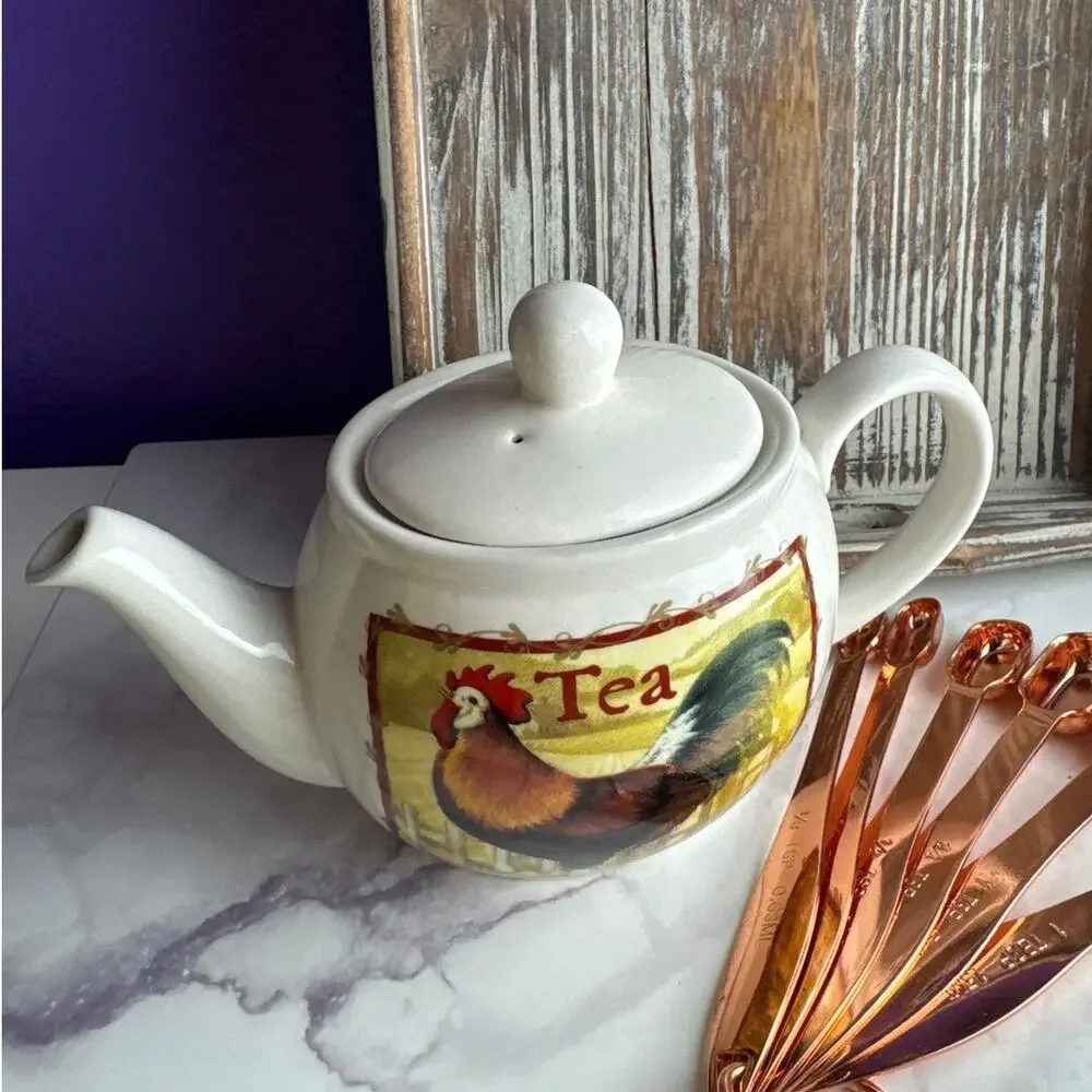 Cozy Vintage Farmhouse Kitchen Bundle Rooster Tea Set Tray Cookbook Copper Decor